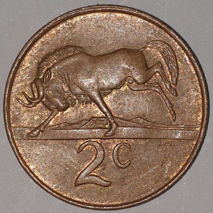1985 - 2 CENT COIN (TWO CENT COIN) - RSA - BRONZE - KM#83 - BILINGUAL LEGEND - WILDEBEEST